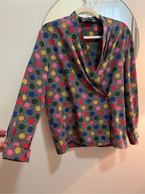 Vintage French Bragard brand Colorful Polka Dot Long Sleeve silky blazer /blouse